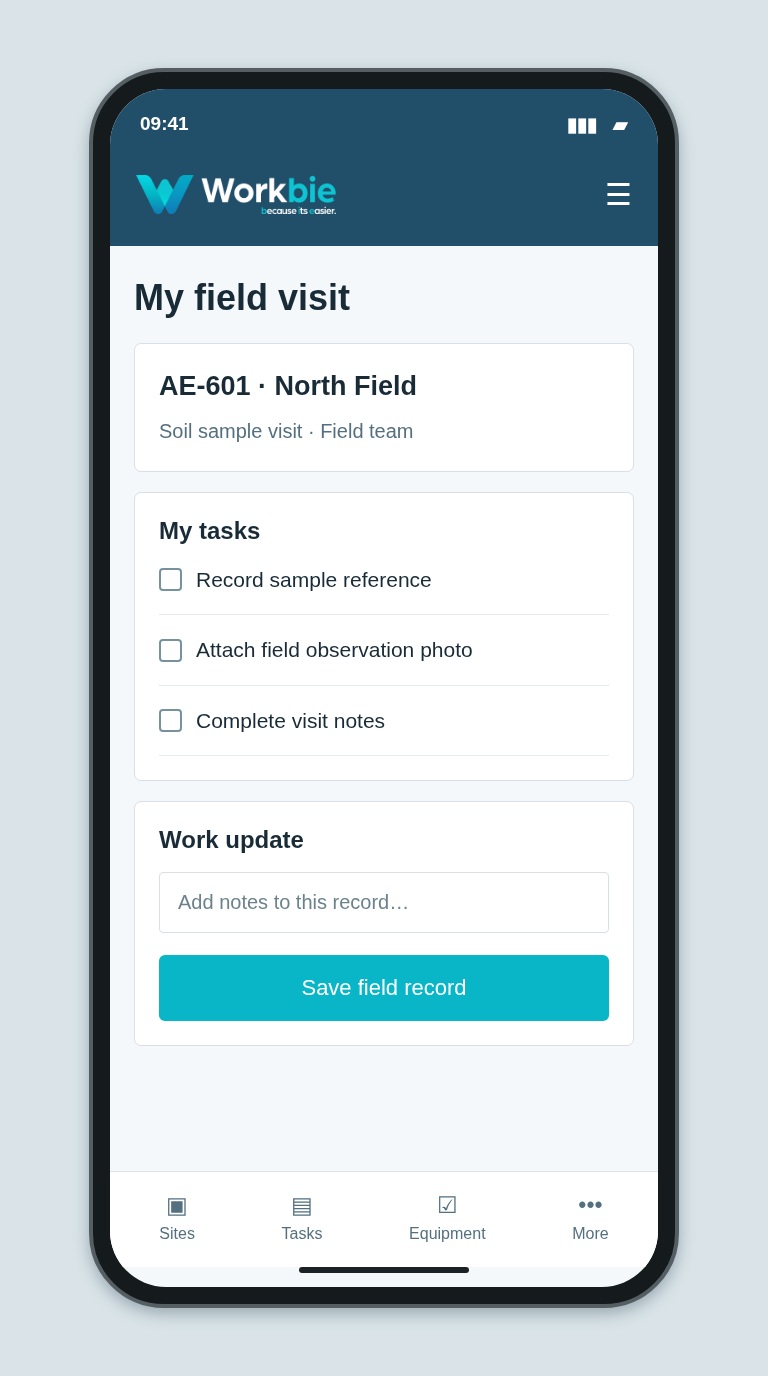 Illustrative Workbie mobile my field visit screen showing AE-601 · North Field and fictional operational tasks