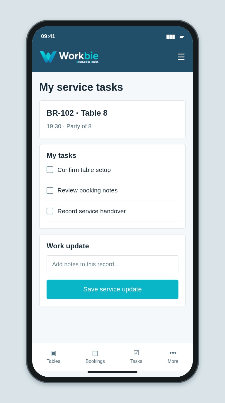 Illustrative Workbie mobile my service tasks screen showing BR-102 · Table 8 and fictional operational tasks