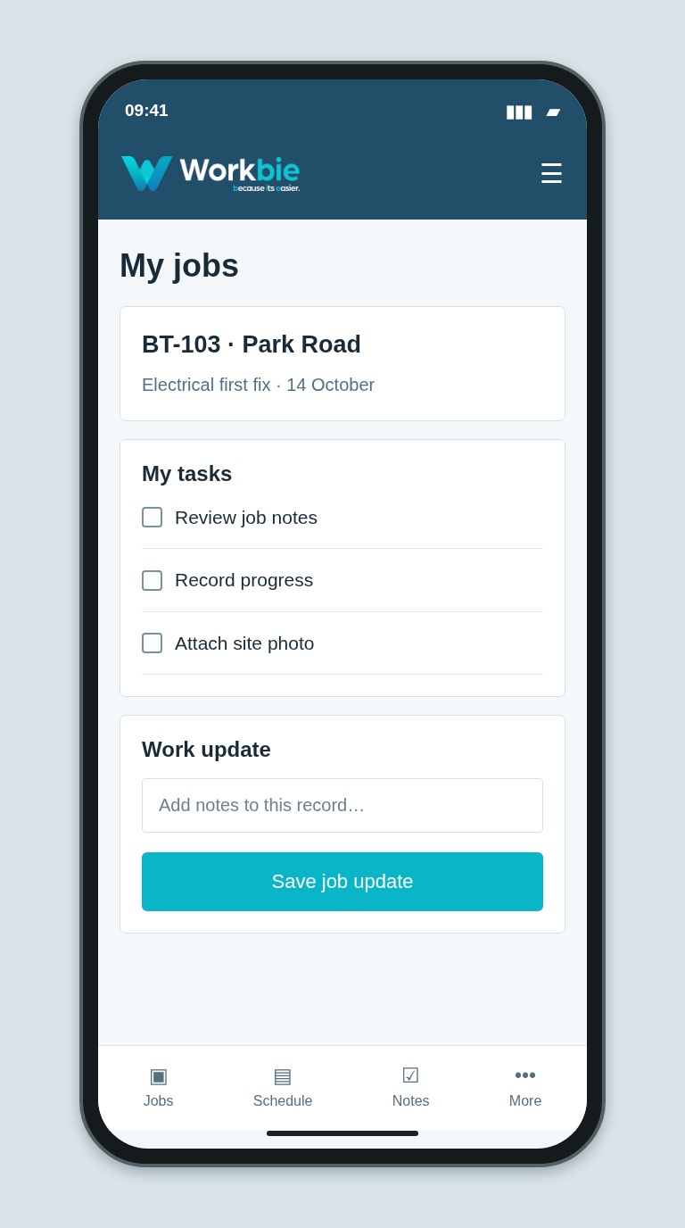 Illustrative Workbie mobile my jobs screen showing BT-103 · Park Road and fictional operational tasks