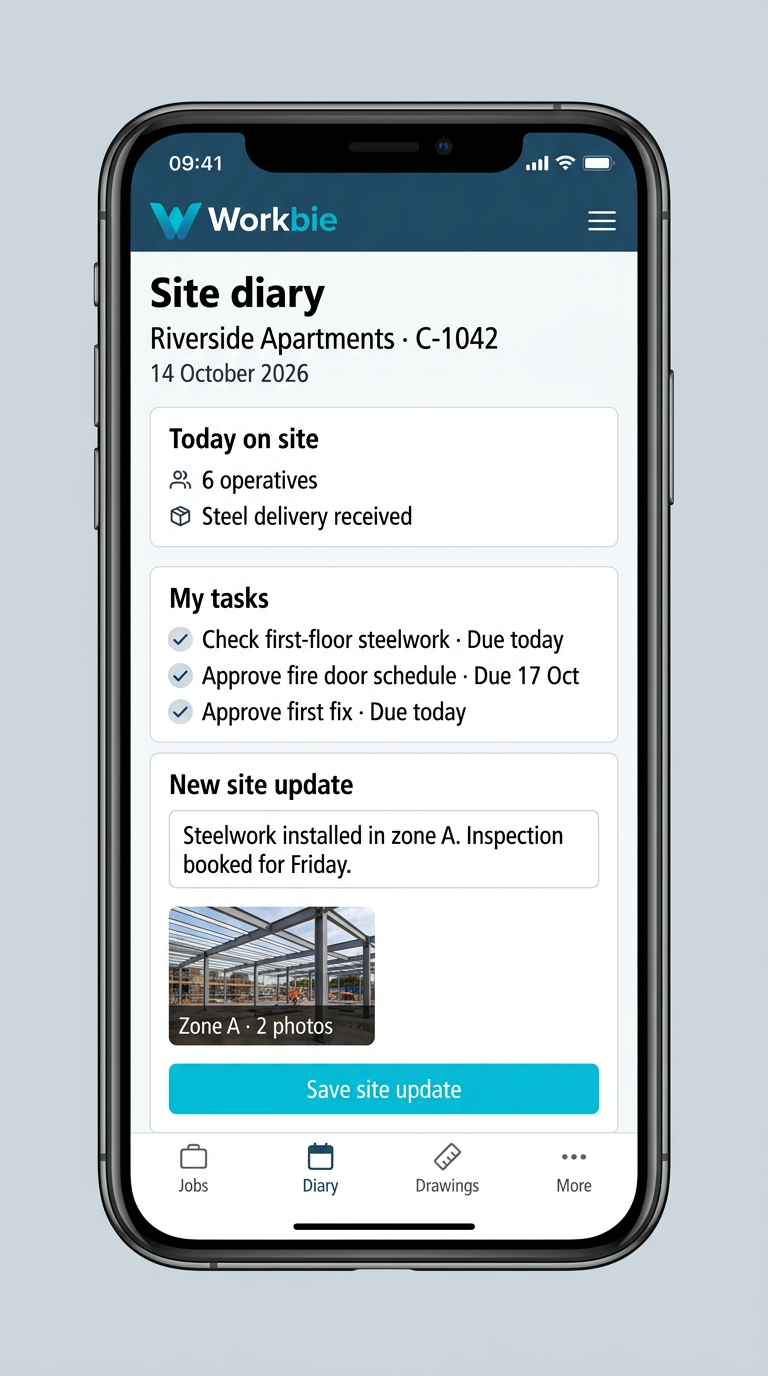 Illustrative Workbie mobile site diary for a site manager, showing Riverside Apartments tasks, a site update and attached steelwork photos