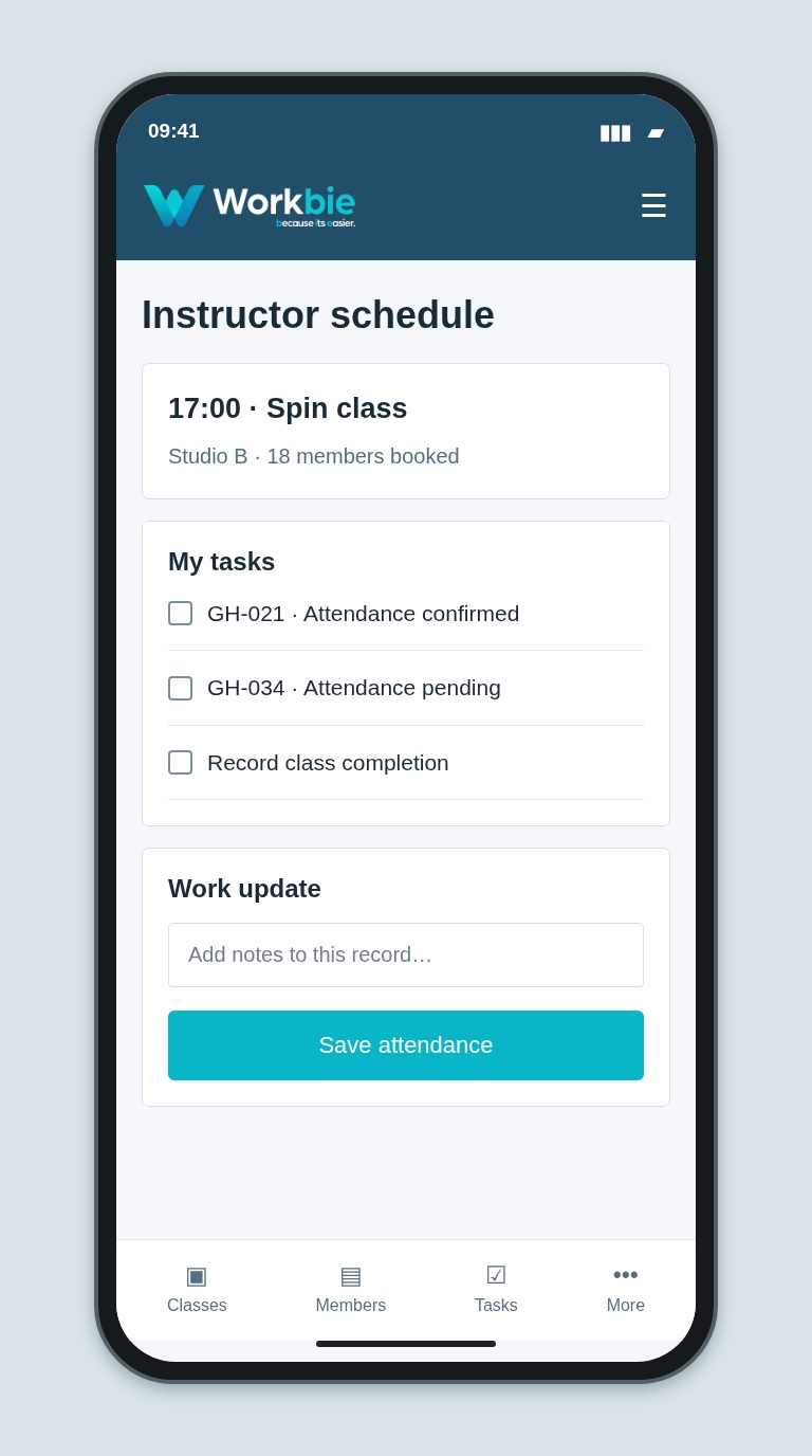 Illustrative Workbie mobile instructor schedule screen showing 17:00 · Spin class and fictional operational tasks