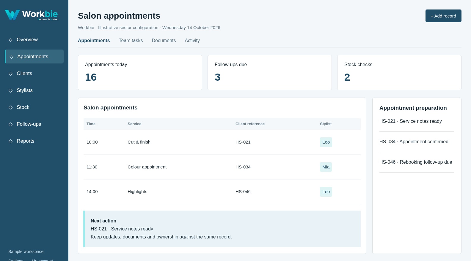 Illustrative Workbie hair-salon desktop screen with sector-specific menus, salon appointments and fictional records