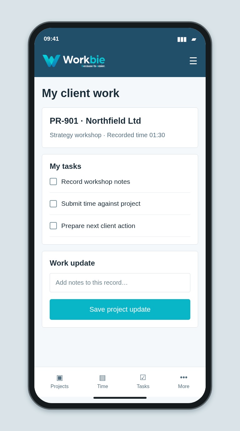Illustrative Workbie mobile my client work screen showing PR-901 · Northfield Ltd and fictional operational tasks