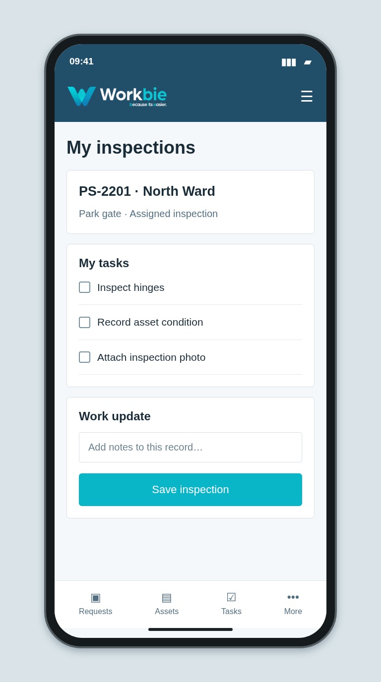 Illustrative Workbie mobile my inspections screen showing PS-2201 · North Ward and fictional operational tasks