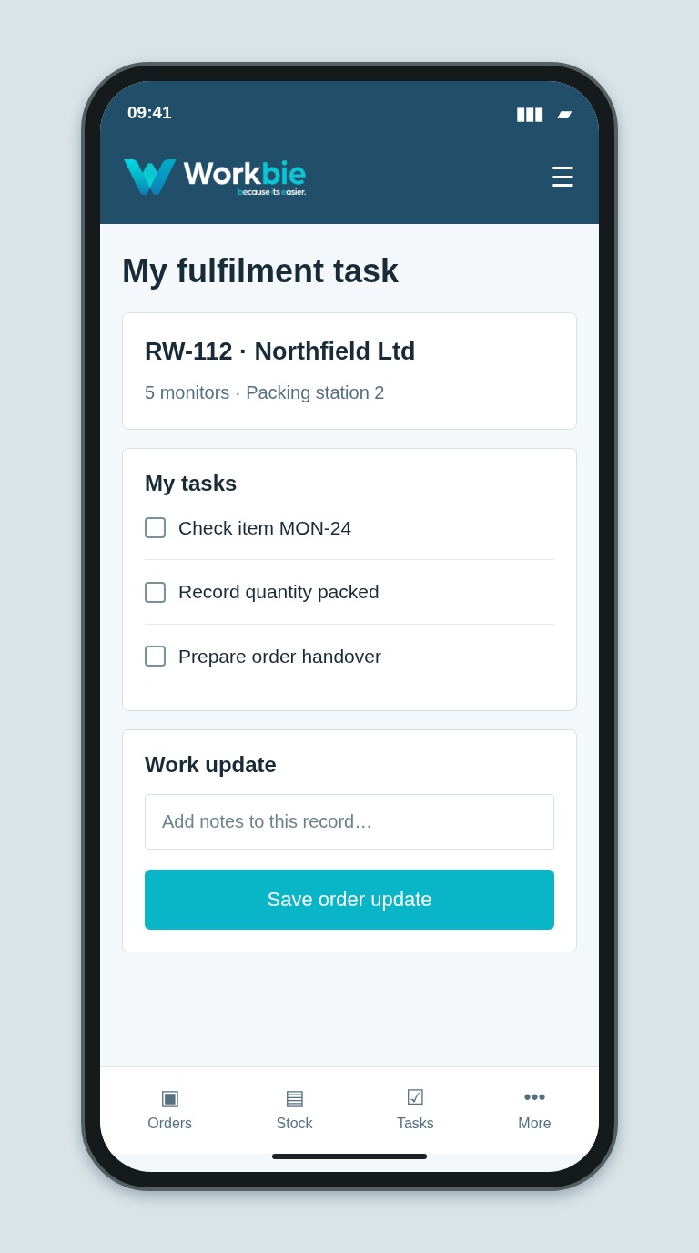 Illustrative Workbie mobile my fulfilment task screen showing RW-112 · Northfield Ltd and fictional operational tasks
