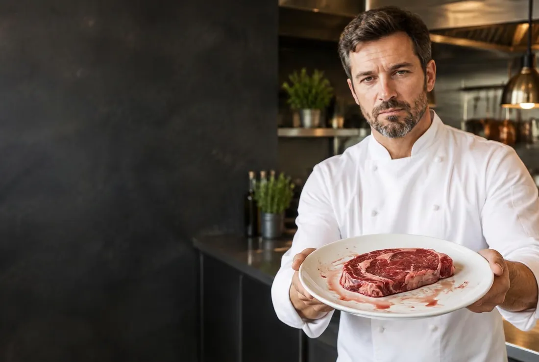 A chef holding out a plate with a completely raw steak, unbothered about what he is serving