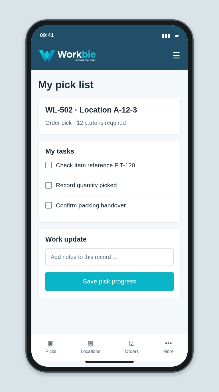 Illustrative Workbie mobile my pick list screen showing WL-502 · Location A-12-3 and fictional operational tasks