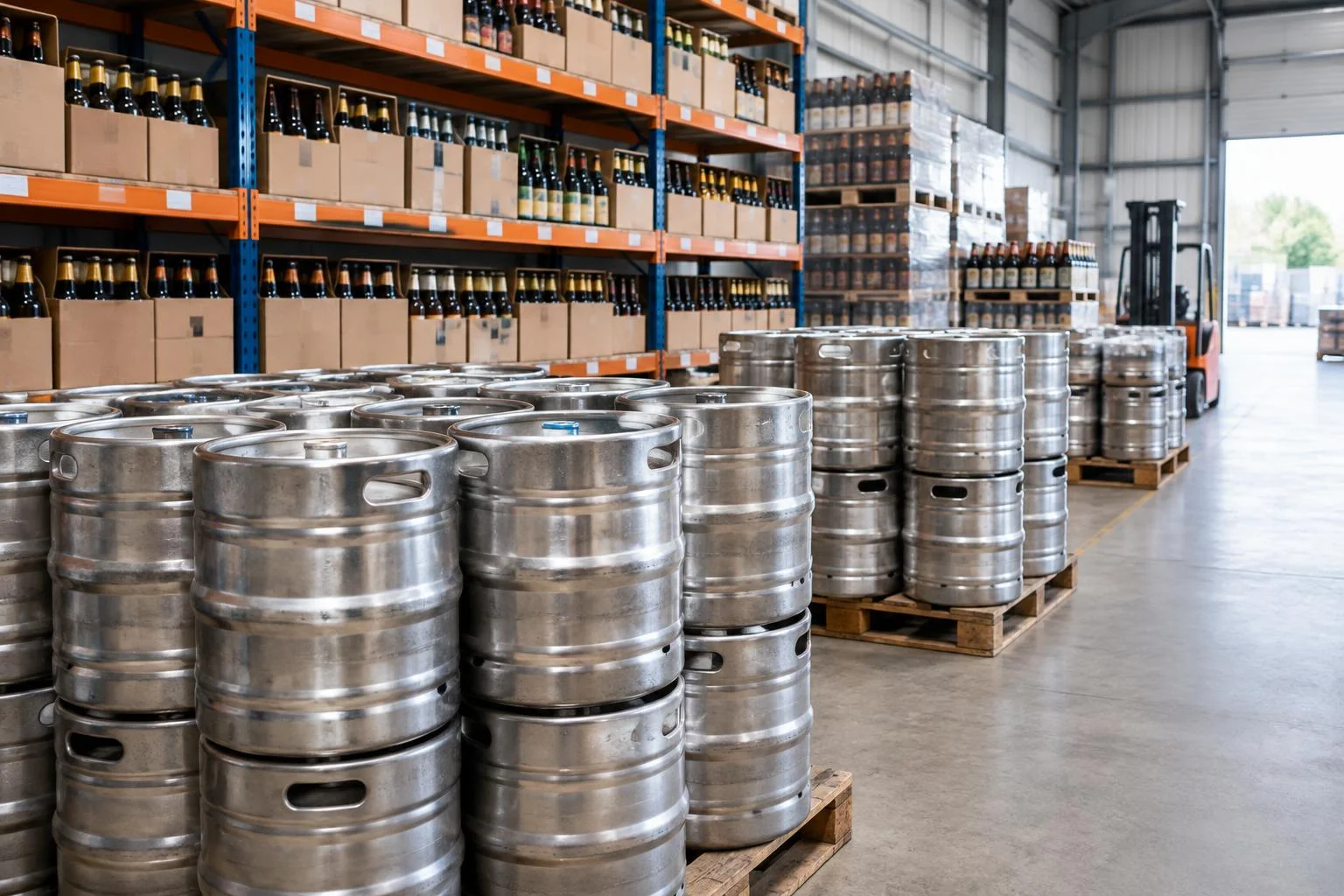 Illustrative alcoholic-drinks warehouse with beer kegs and bottled beer on pallets and shelves