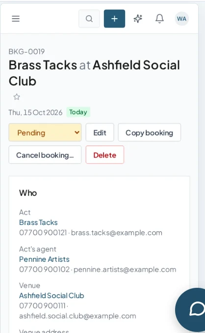 Actual Workbie demo on a tablet showing booking detail with date, status, location and contacts, with dummy records